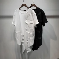 large size yamamoto style personality irregular loose medium long mens t shirt solid color pocket t shirt