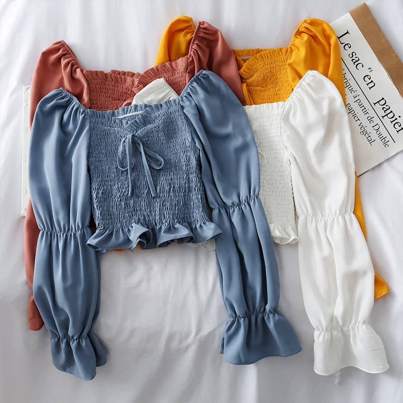Summer Women Slash Neck Off Shoulder Chiffon Blouses Elegant Female Ruffles Flare Sleeve Shirt Tops 2020 Streetwear Retro Tops