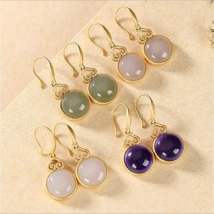 

Autumn new style ancient gold craftsmanship inlaid natural Hetian jade round earrings, exquisite ladies silver jewelry