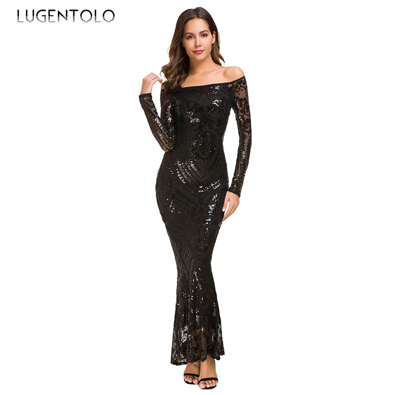 

Платье-макси Lugentolo Женское зимнее, кружевное однотонное приталенное пикантное платье-годе с блестками и открытыми плечами, длиной до щиколо...