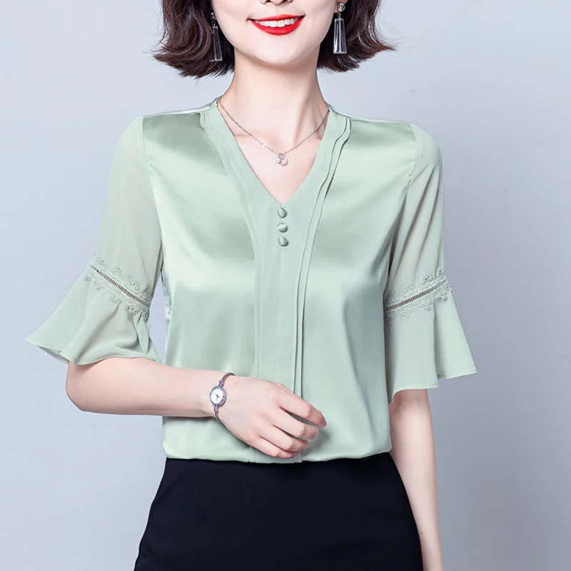 

2021 New Summer Women Blouses Casual Half Sleeve V-Neck Lace Chiffon Shirts Fashion Loose Office Work Lady Top Female Clothing