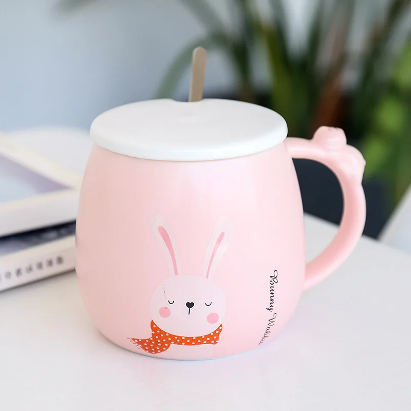 

450ml Fashion Cartoon Milk Breakfast Mugs Modern Pot-bellied Ceramic Mug with Lid Spoon Couple Cup Ladies Flower Tea Office Cups