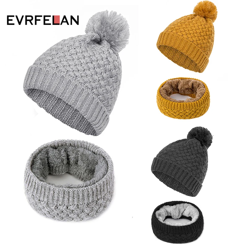 Evrfelan, Новое поступление, зимняя теплая женская шапка бини, одноцветная шапка Skullies Beanies, шапка с помпоном, женский плюс бархатный шарф-кольцо