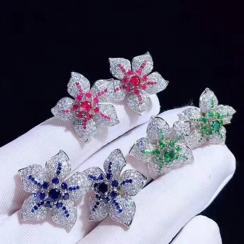 

one pair red/blue/green zircon flower stud earrings FPPJ