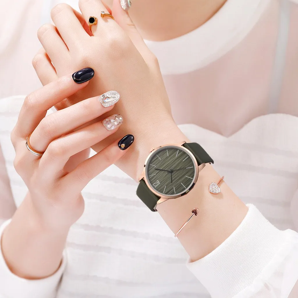 Green with Bracelet Модные простые 2 шт набор браслет часы женские кожаные аналоговые женские кварцевые часы на запястье часы женские часы ювелирные изделия женские часы - Цвет: Green with Bracelet