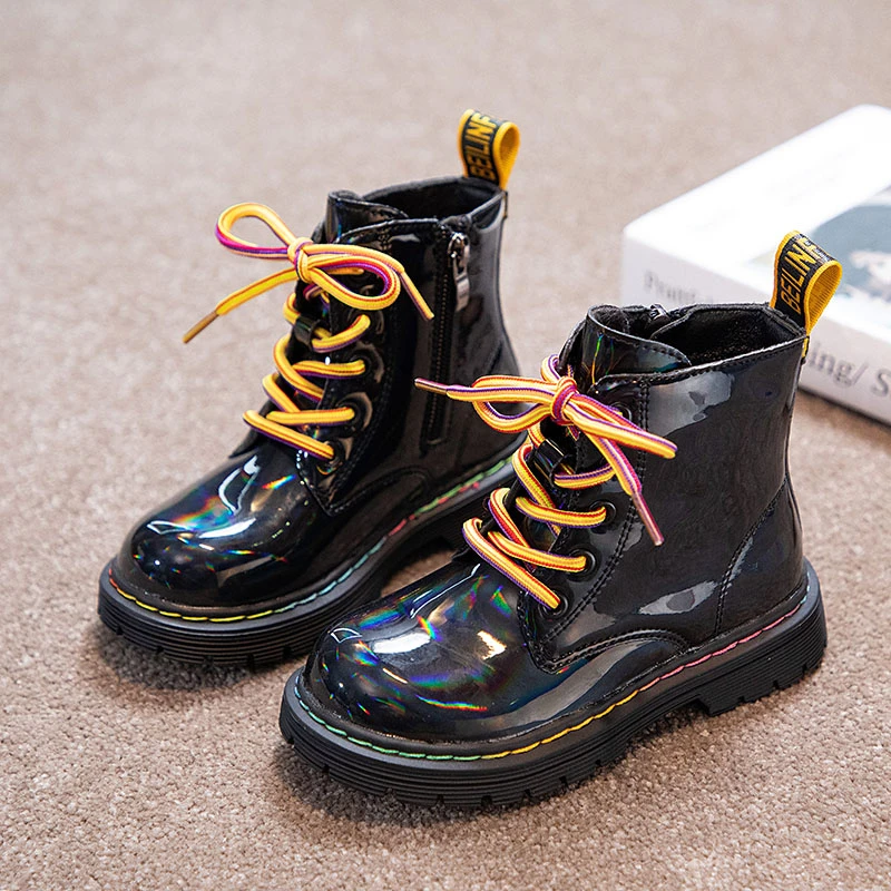 New Winter Kids Shoes PU Leather Waterproof Martin Boots Children Snow Plush Boots Brand Girls Rubber Boots Side Zipper Boots