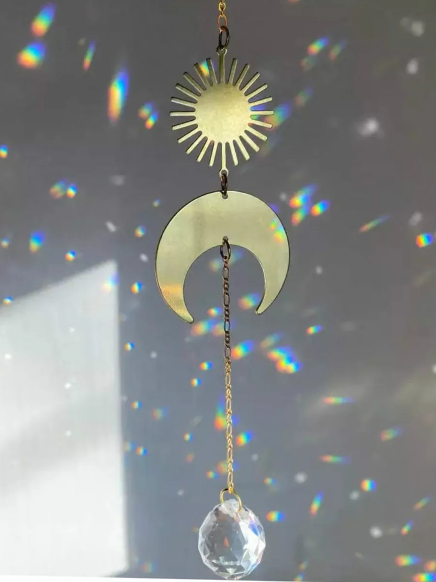 

Aura Crystal Moon Suncatcher | Window Light Catcher | Prism Celestial Rainbow maker | Sun, Moon and Stars | Witchy Decor
