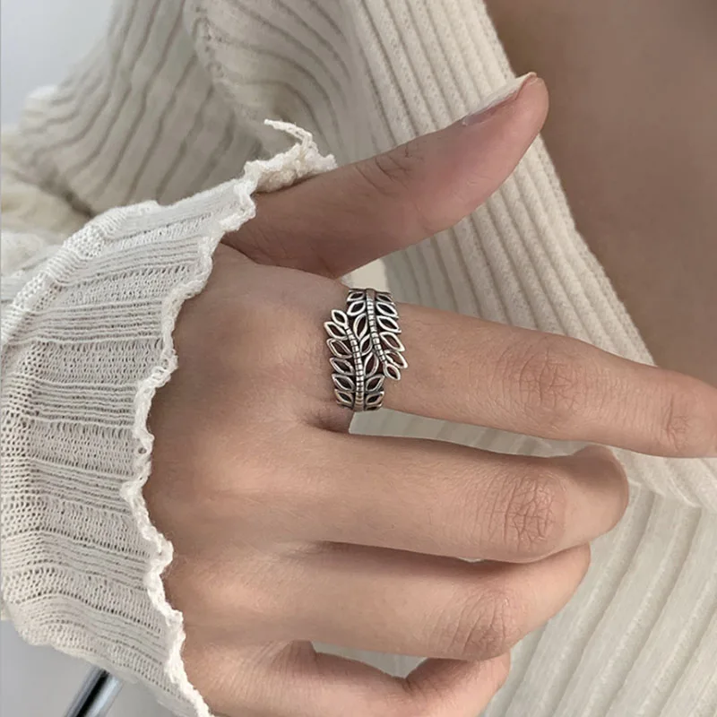

VENTFILLE 925 Sterling Silver Geometric Hollow Leaves Cross Braided Line Ring Female Fashion Retro Simple Jewelry Accessories