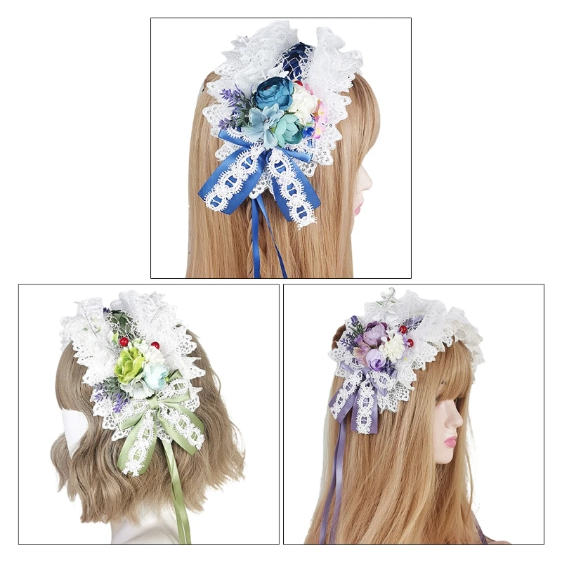 

Lolita Pastoral Headband Artificial Flower Ruffled Lace Hairband Sweet Bowknot Long Ribbon Anime Cosplay Hair Accessory