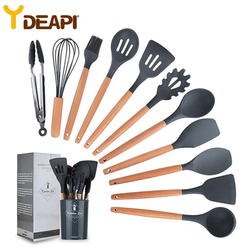 

YDEAPI 12PCS Silicone Wooden Handle Cooking Utensils Set Non-Stick Spatula Shovel Cooking Tools With Storage Box Kitchen Tools
