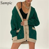 sampic loose argyle green winter women cardigans 2021 v neck casual knitted oversized long sleeve y2k sweater fashion basic tops