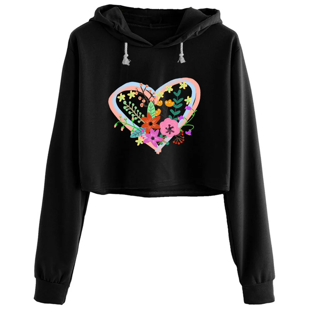 

Flower Heart Crop Hoodies Women Kpop Korean Y2k Kawaii Pullover For Girls
