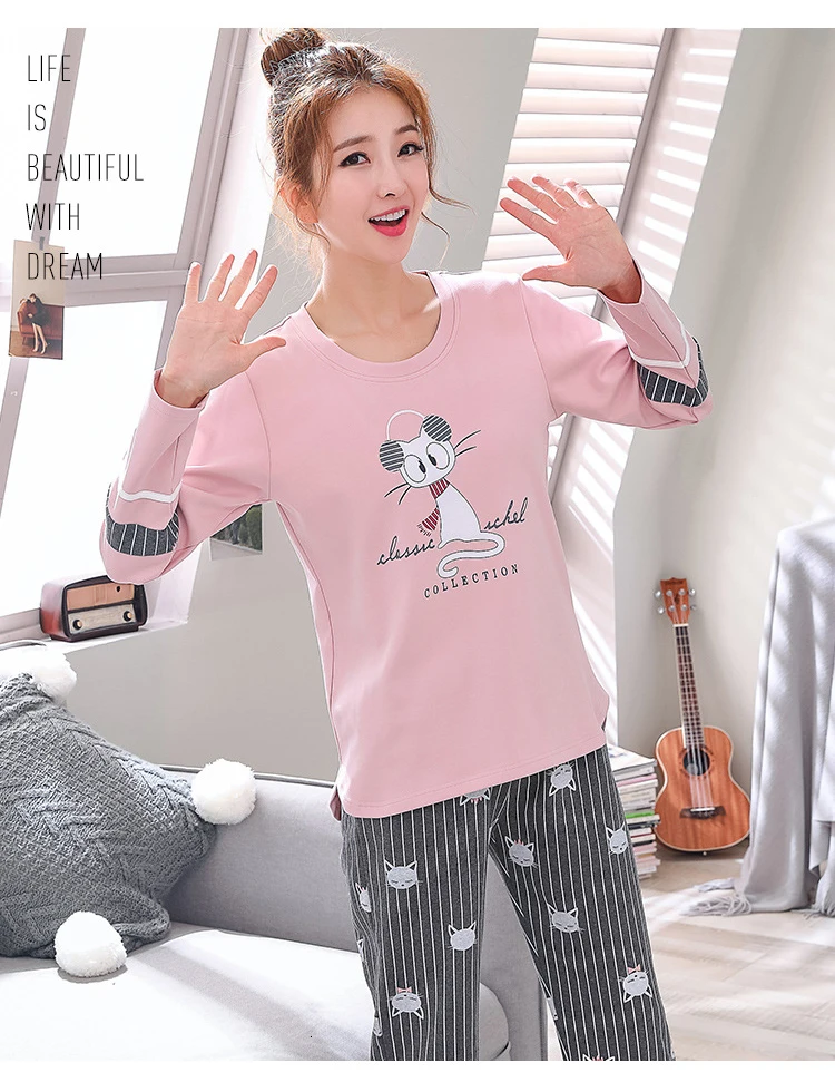 Пижамные комплекты для женщин с круглым вырезом Pijama Mujer пижама с длинным рукавом весенняя Хлопковая пижама Femme Повседневные наборы пижам комплект из двух предметов