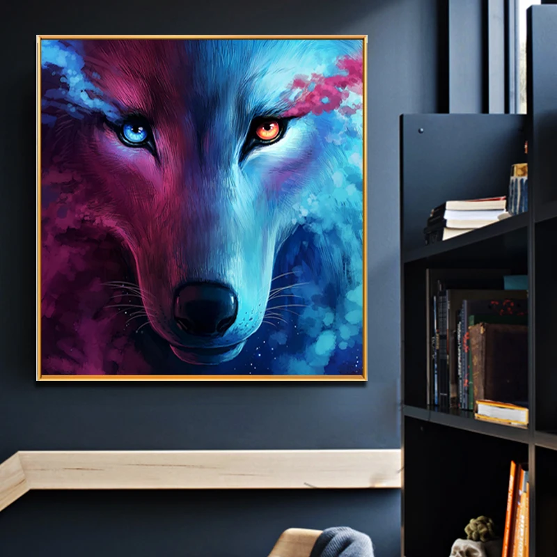 Постер с животными на холсте красочные красные и синие волки прикроватная