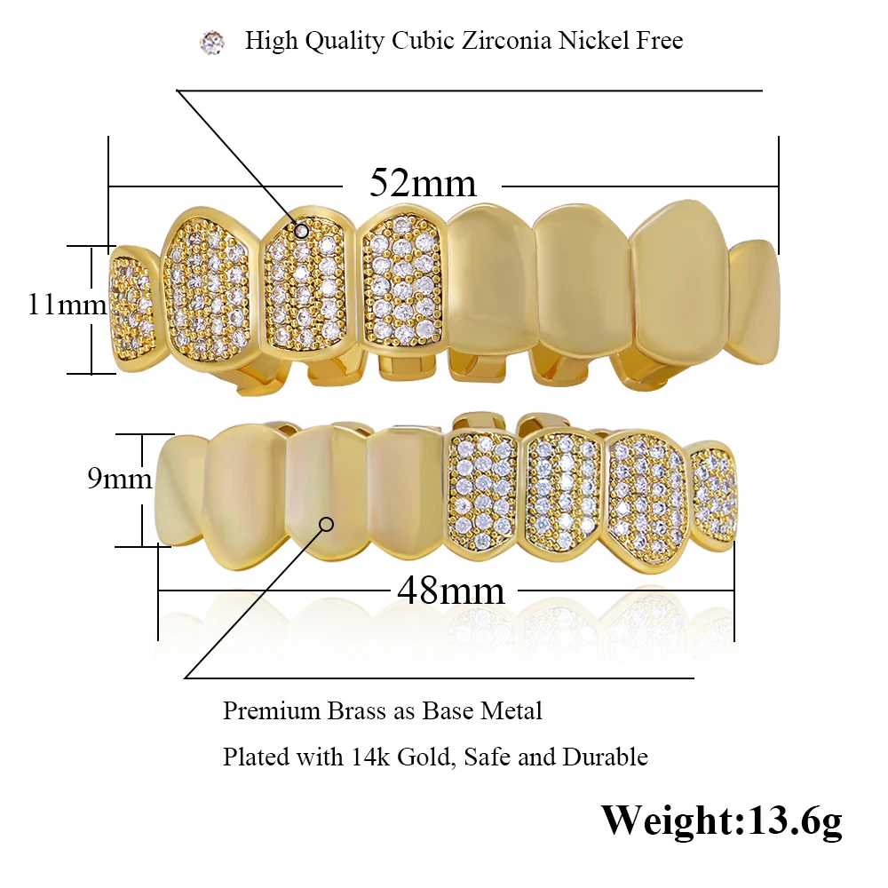 Половина CZ Кристалл Золотой Цвет Grillz для женщин мужчин зубной рот панк Bling зубы