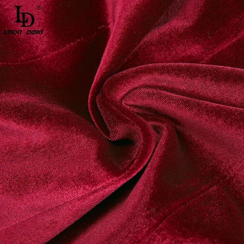 

LD LINDA DELLA Autumn Fashion Runway Red wine Velvet Pants Sets Women's Long sleeve Single Button Jacket and Pants 2 Piece Suit