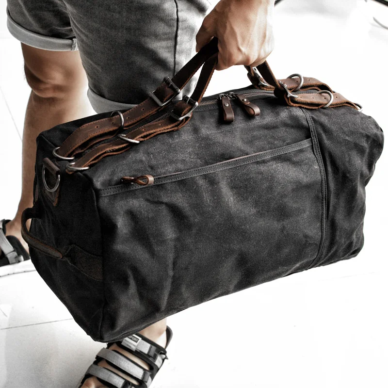 Men's retro waxed waterproof canvas travel bag hand luggage bag weekend bag