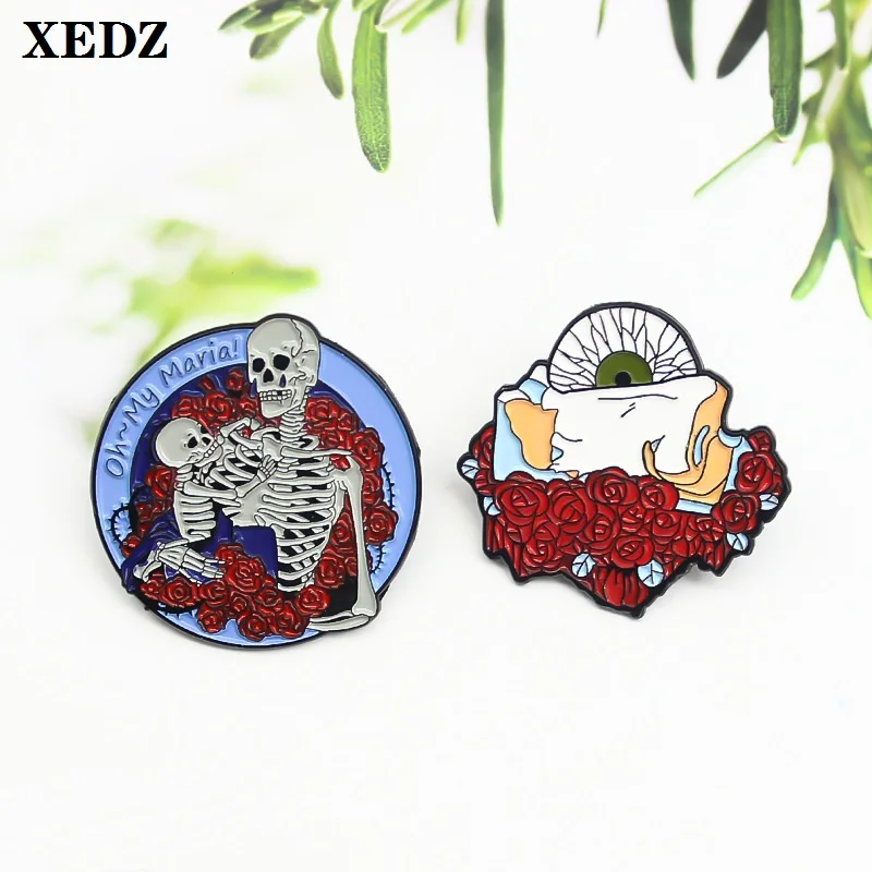

XEDZ Skeleton Evil Eye Metal Brooch Teacher Bone Flower Bread Gothic Horror Round Badge Hip-hop Feature Lapel Dress Pins Jewelry