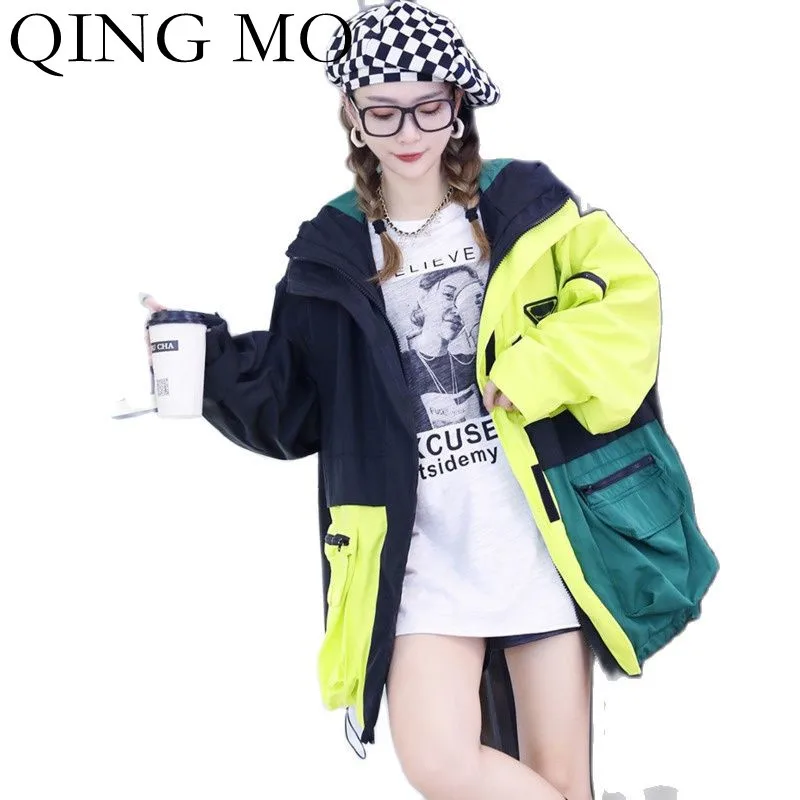 

Куртка женская с капюшоном, контрастных цветов, осень 2021