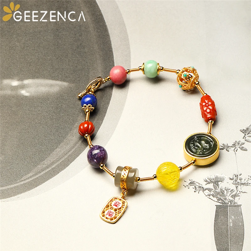 

925 Sterling Silver Hetian Jasper Jade Multi Gemstones Gold-plated Bracelet Vintage Trendy Bangle Bracelets Fine Jewelry Women