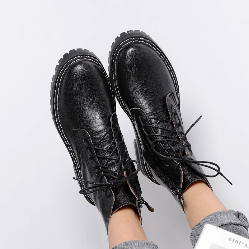 

Autuspin Genuine Leather Women's Boots Winter Shoes Soft Rubber Platform Punk Retro Casual Fashion Tooling Motorcycle Boot Women