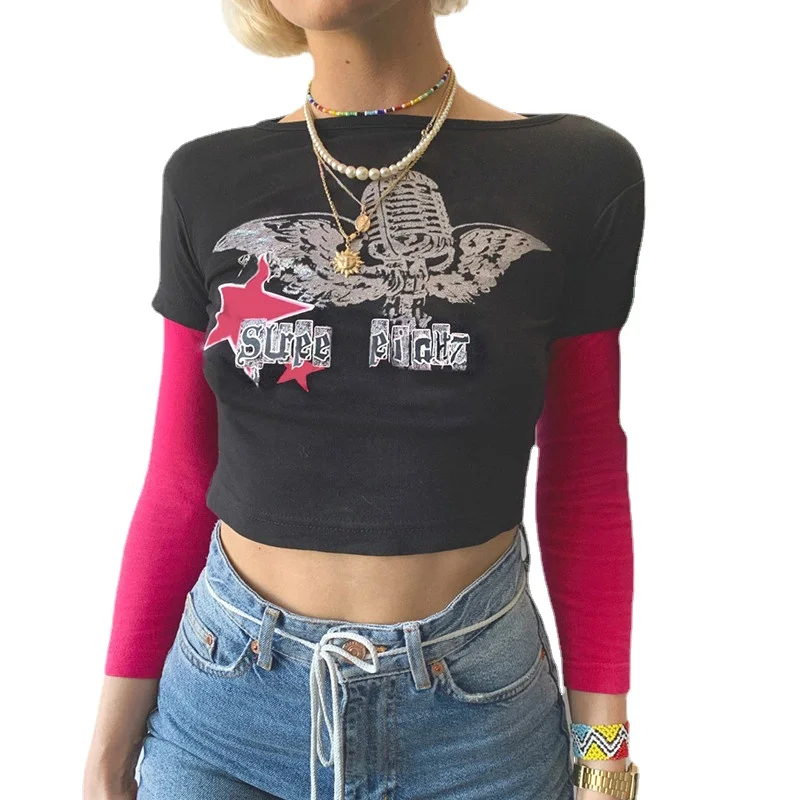 

Goth Printed E Girl New T-Shirts Women Contrast Patchwork Long Sleeve Baby Tee 2000s Aesthetic Cute Crop Tops Autumn