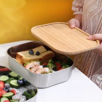 bento lunch box with elastic bamboo wooden lid japanese style 188 stainless steel food storage container zero waste lunch box