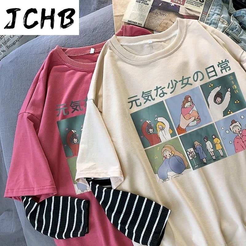 

2021 Long-sleeved Tshirt Women t Shrit Student Korean Loose Large Size Spring/autumn New Fake Two-piece Trend Kawaii Clothes
