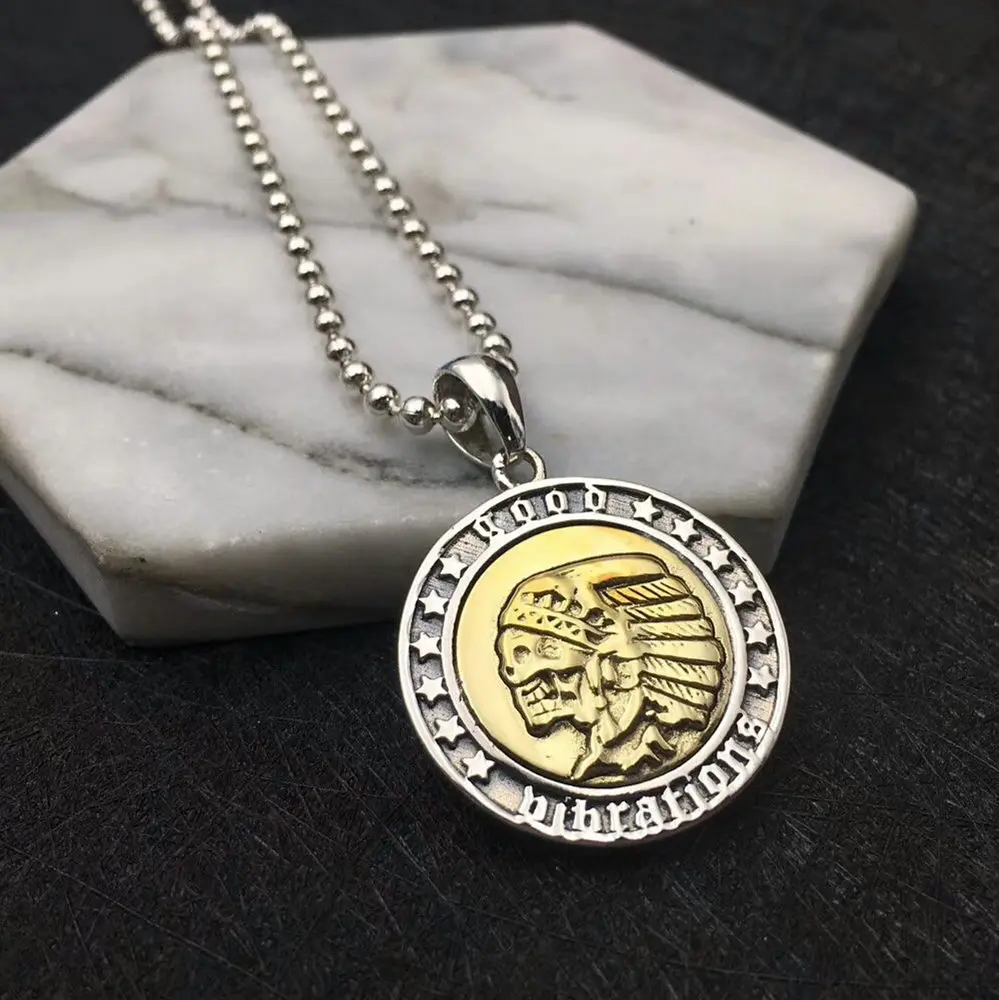 

Solid Silver Indian Tribal Chief Coin Pendant For Necklace Men Women Gothic Punk 925 Sterling Silver Jewelry Accessory, 13.6g