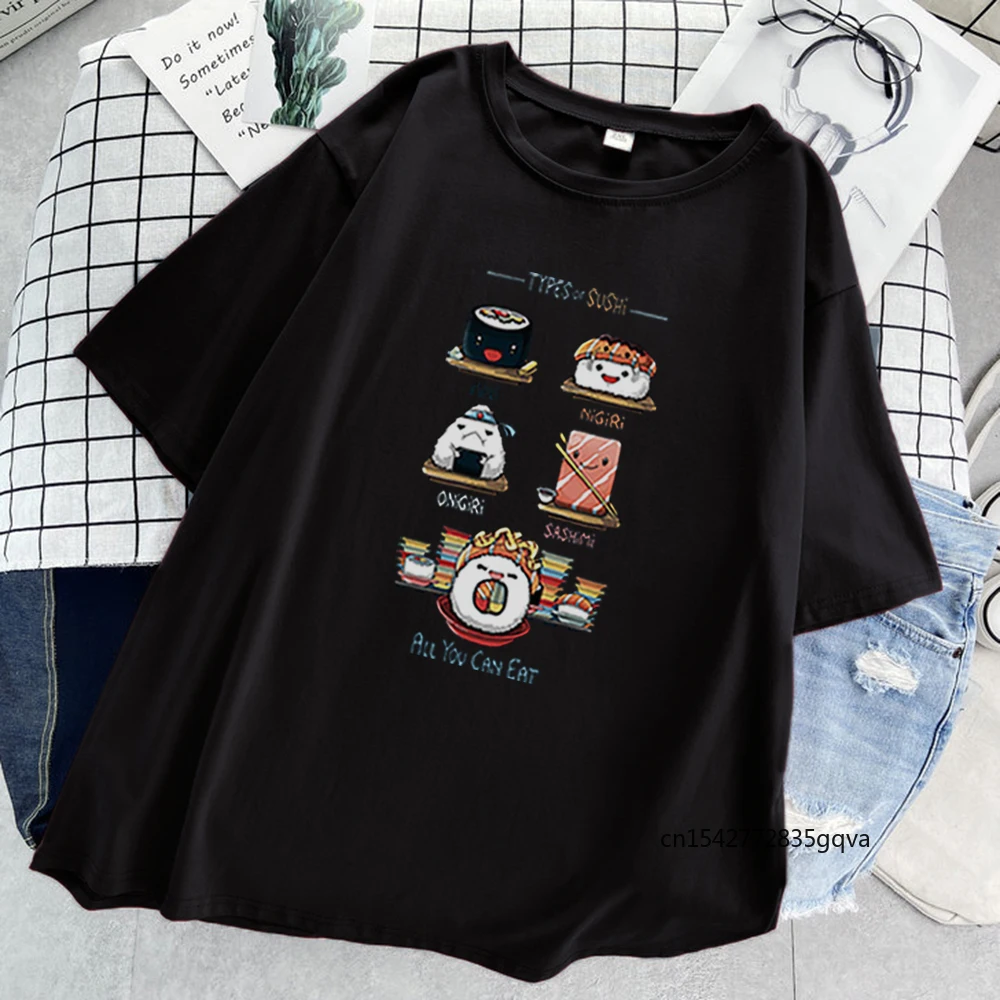 

Sushi Kawaii Cartoon Art Print Womens T-Shirt Fashion 2021 T Shirts Harajuku Loose T Shirts O-Neck Black Tee Shirt Summer