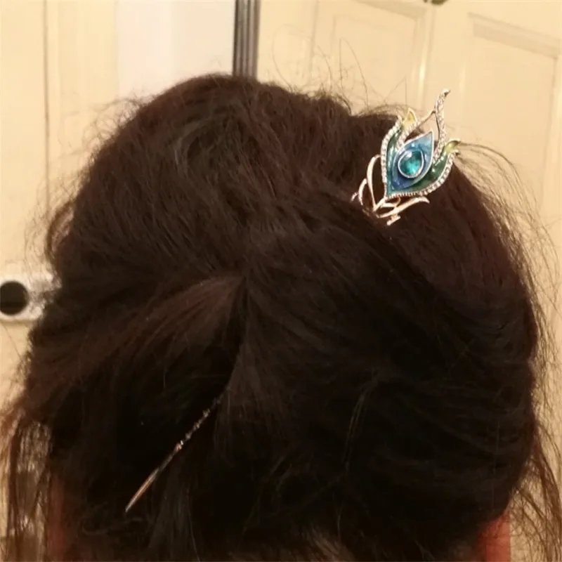 Enamel Peacock Feather Hair Sticks Girls Wedding Hair Jewelry Top Crystal Hairpin Hair Ornaments Golden Hair Clip Gifts