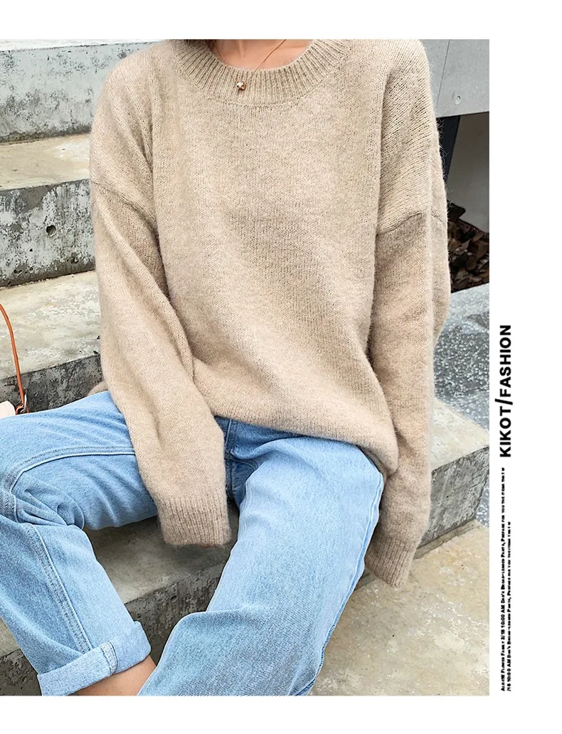 Свободный свитер с круглым вырезом в Корейском стиле Женская одежда Сезон