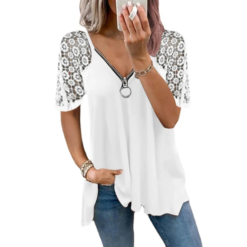 

New Lace Stitching Short-sleeved Top Ladies Pure Color Loose T-shirt Plus Size Fashionable Sexy Shirt Top