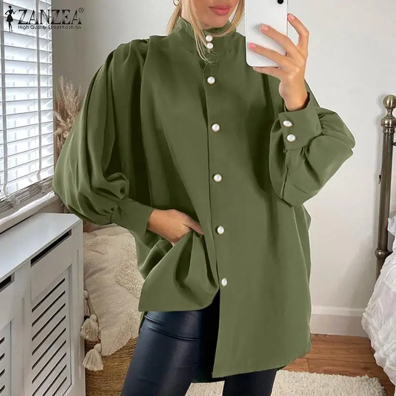

Women French Elegant Pleated Blouse ZANZEA Solid High Low Tops 2022 Autumn OL Irregular Shirt Female Casual Long Sleeve Chemise