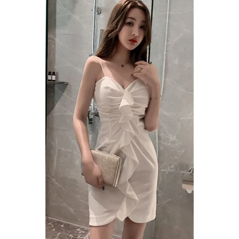 

Real shot 2020 summer fashion nightclub sleeveless red ruffled suspender dress sexy slim short temperament low chest tight dress