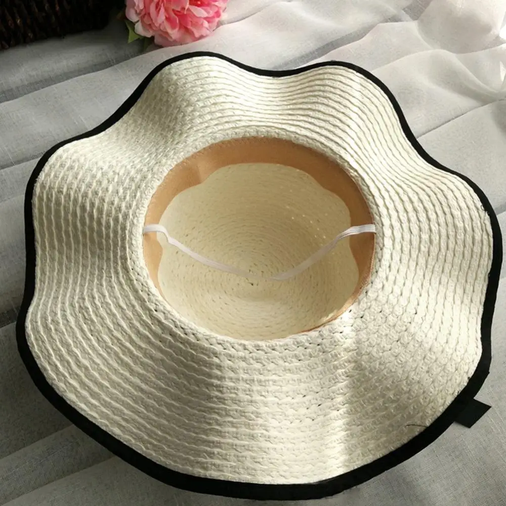 

Hats For Women Summer Foldable Uv Protection Bowknot Straw Weave Wavy Wide Brim Sunscreen Outdoor Beach Sunhat Caps Hat