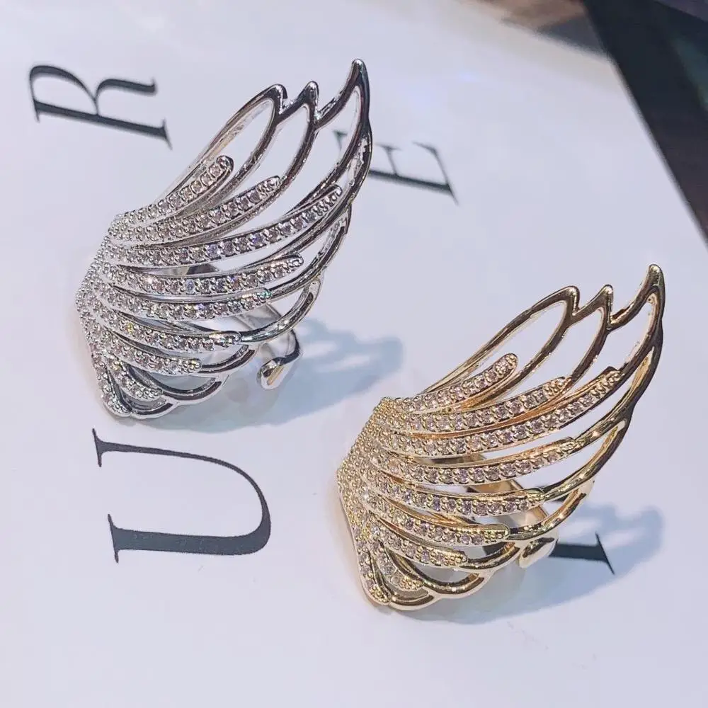 HIBRIDE Wing Feather Design Long Full Finger Luxury Cubic Zircon Women Wedding Engagement Party Wrap Ring Jewelry Bijoux R-172 |