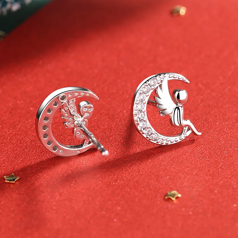 Серьги-гвоздики женские из серебра 925 пробы в форме ангела и Луны свадебные