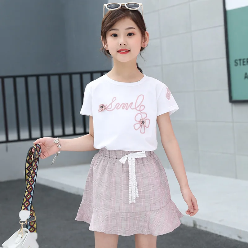 

2022 Summer Kids Baby Girls Clothes Teen Children Floral T Shirt & Striped Plaid Skirt Ruffle 4 5 6 7 8 9 10 11 12 13 Years