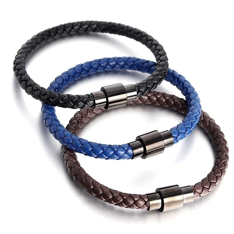 Кожаный браслет Fashion Braided для мужчин с магнитным замком из нержавеющей стали, простой черный, в подарочной упаковке.