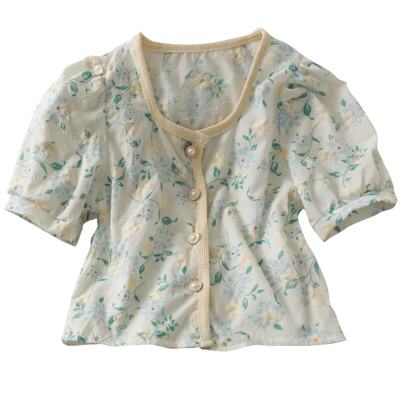 

Women Fashion Outdoor Casual Short Sleeves Round Neck Flower Blouse Ladies OL Sweet Top Girls Student Elegant Daily Basic Shirts