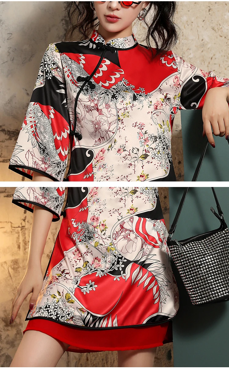 

Party Dresses For Women Modern Cheongsam Summer Printed Dress Women Vestidos Chic Mandarin Collar Slim Ladies Dresses SL003