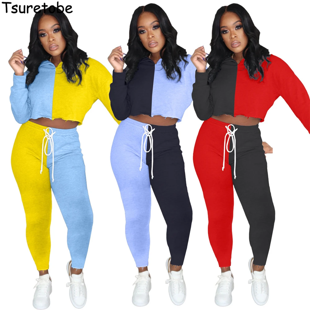 

Tsuretobe Patchwork 2 Piece Set Women Outfits Crop Top Joggers Fall 2020 Women Clothing Club Outfits For Women Casual Tracksuit