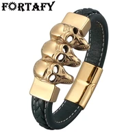 fortafy green leather skull bracelet men gold stainless steel magnetic buckle punk gothic bangles male party jewelry fr0829