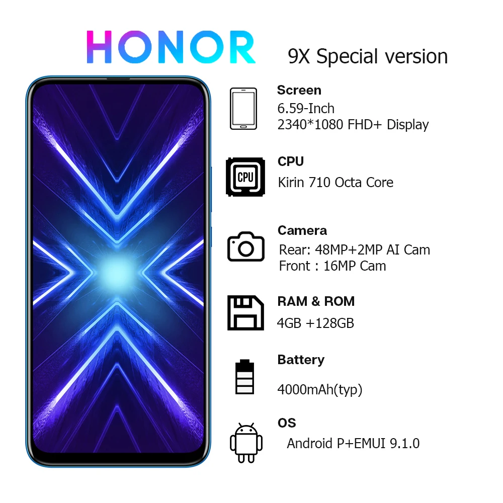 Huawei Honor 9X глобальная версия смартфона 4 Гб + 128 ГБ двойная камера 48 МП Google Play NFC экран