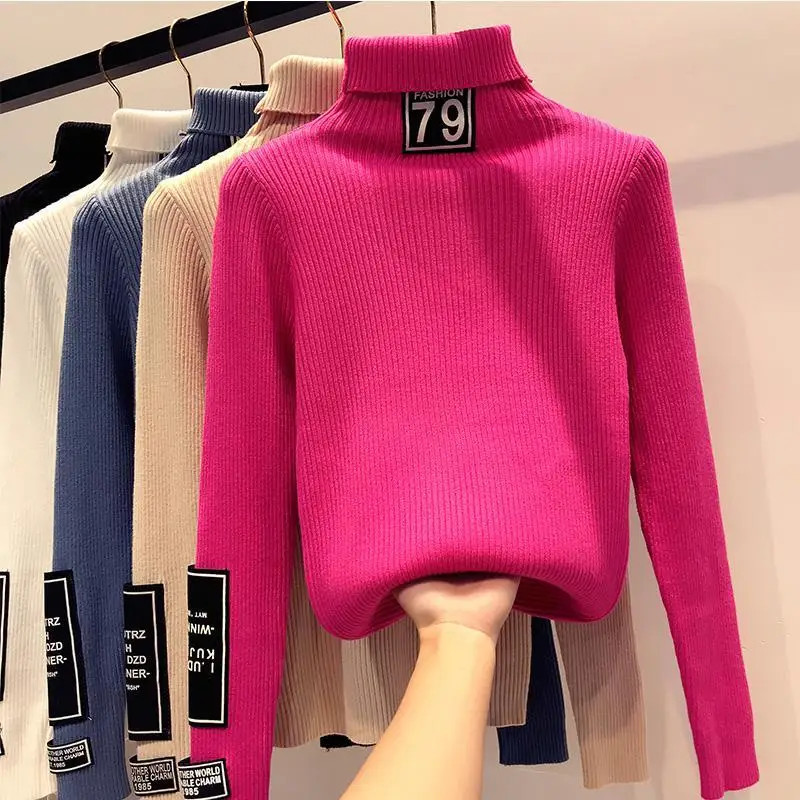 

Свитер с нашивками и надписью, утепленный свитер с высоким воротником, Женский пуловер на осень и зиму, вязаная рубашка, джемпер с длинным ру...