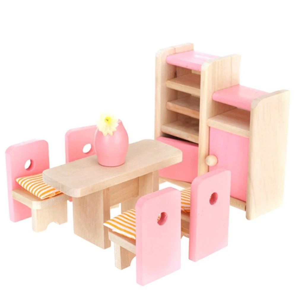 

Funny Kids Pretend Role Wooden Toy Dollhouse Nursery Room Dining Room Living Miniature Furniture Table+Chair+Display Unit+Vase
