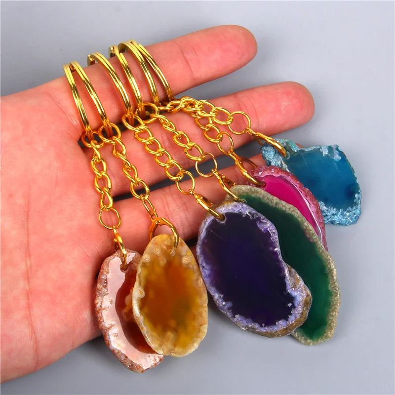 Модные натуральные неправильные осколки агата подвеска на ключи Зеленые Фиолетовые Синие Кольца Ювелирные аксессуары Подарочный брелок.