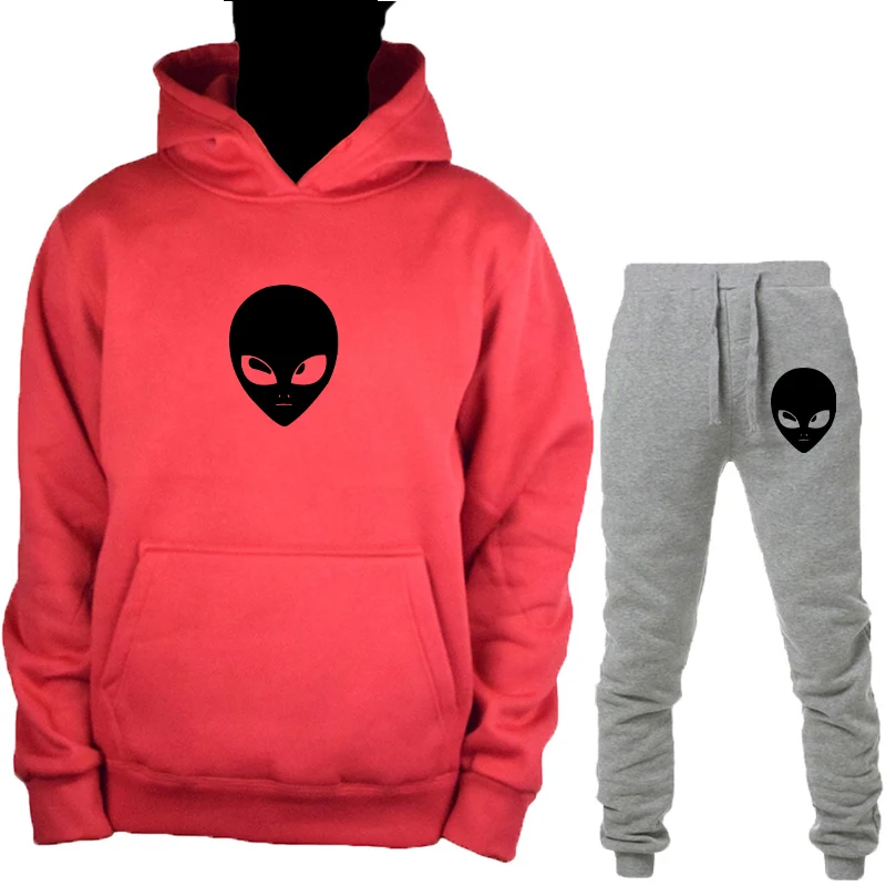 Red-H-HuiK Alien толстовка с капюшоном+ брюки костюм для мужчин женщин осень зима пуловер Толстовка Топы с принтом по всему миру спортивный костюм повседневная одежда - Цвет: Red-H-HuiK