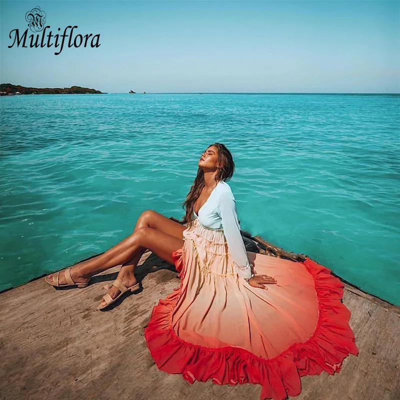 Женское летнее Повседневное платье макси в стиле бохо плиссированное пляжное